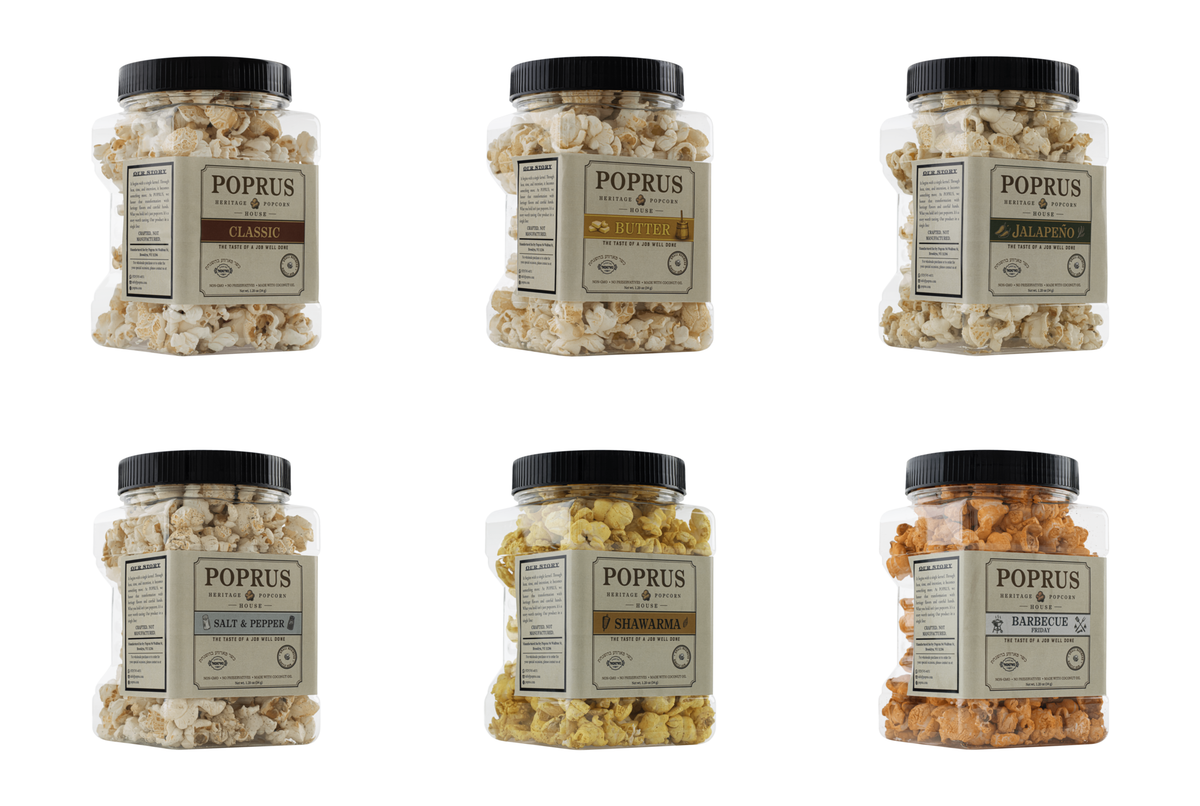 Six POPRUS gourmet popcorn flavors, hand-popped in Brooklyn