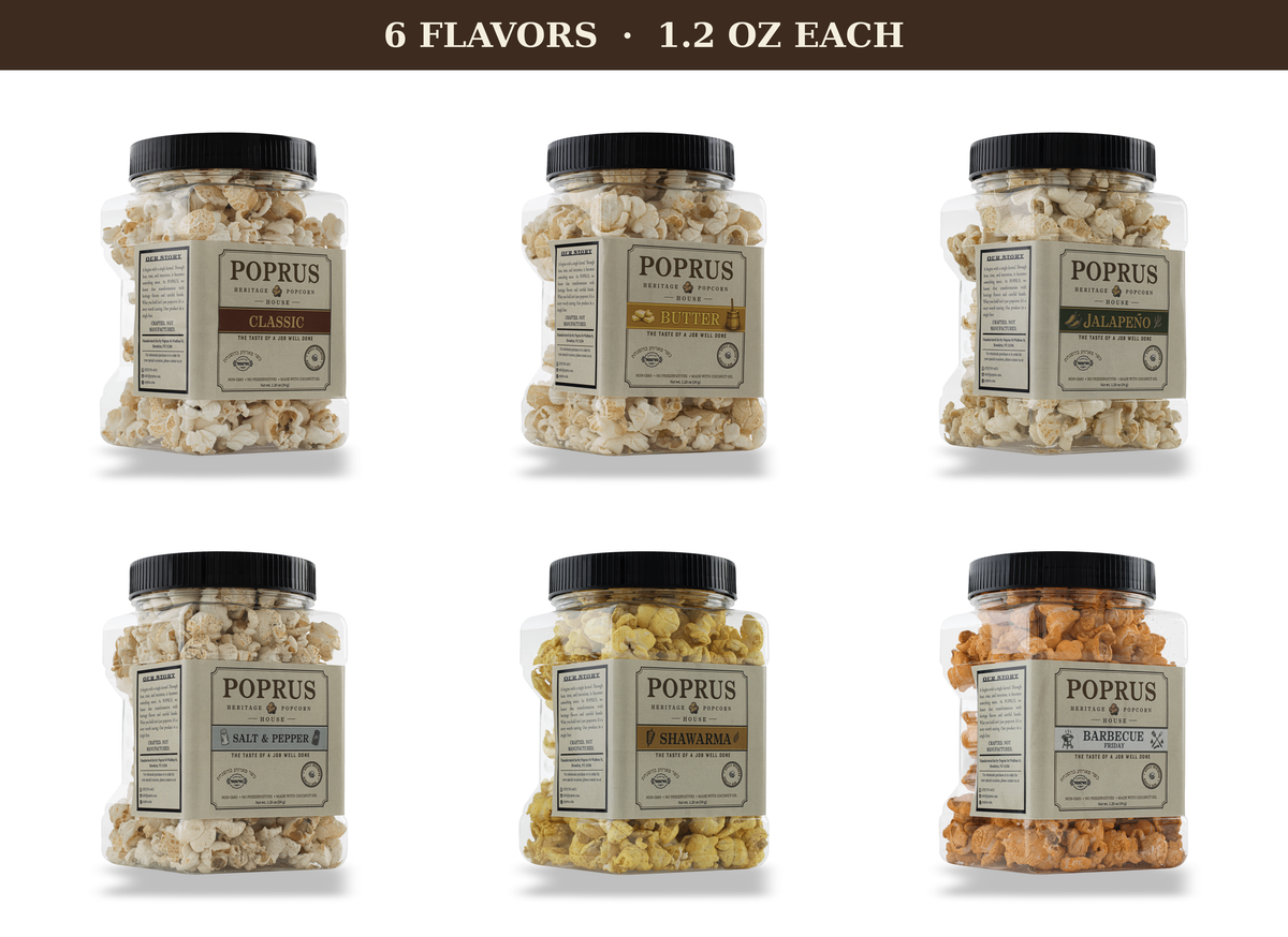 All six POPRUS popcorn flavors in 1.20 oz bottles in a white grid