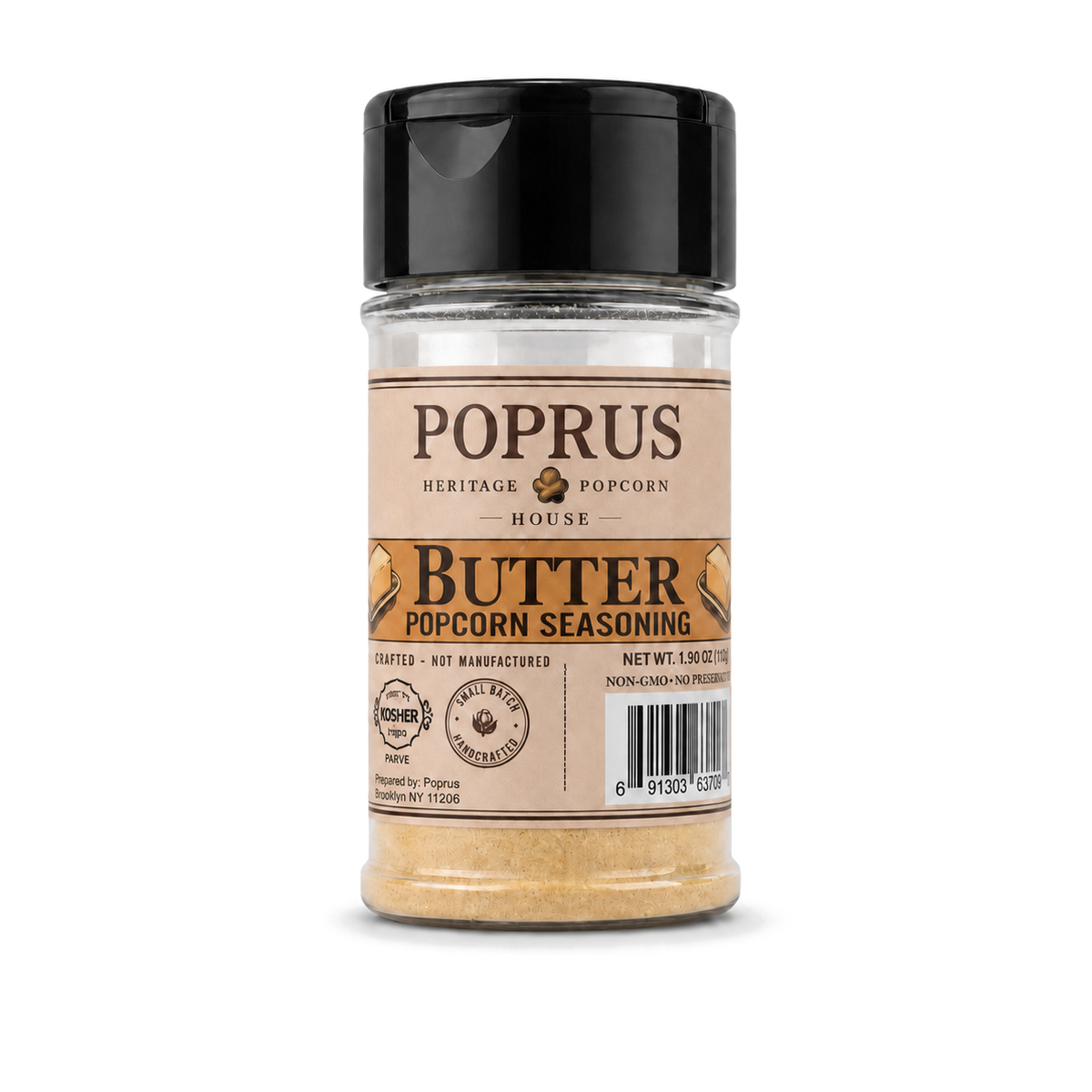 POPRUS Butter popcorn seasoning shaker, 1.90 oz. Dairy-free, kosher parve, no additives.