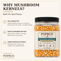 POPRUS infographic on mushroom popcorn kernels: big round pops that hold seasoning, hand-popped in small batches in Brooklyn. Kosher parve, non-GMO.