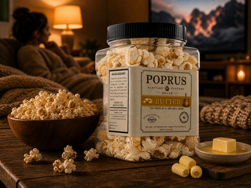 POPRUS Butter popcorn, 1.20 oz bottle. Real butter taste, zero dairy. Kosher parve, hand-popped in Brooklyn.