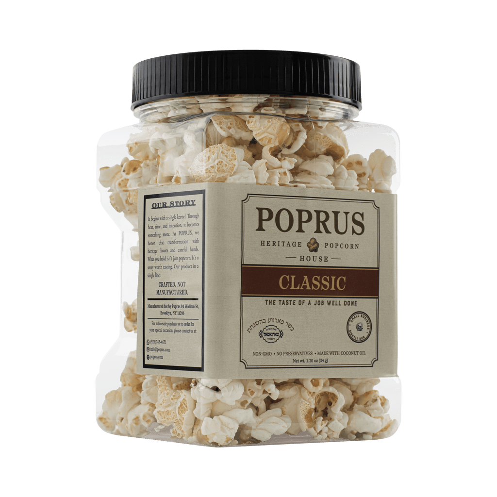POPRUS Classic popcorn, 1.20 oz bottle. Hand-popped in coconut oil in Brooklyn. Kosher parve, dairy-free, non-GMO.