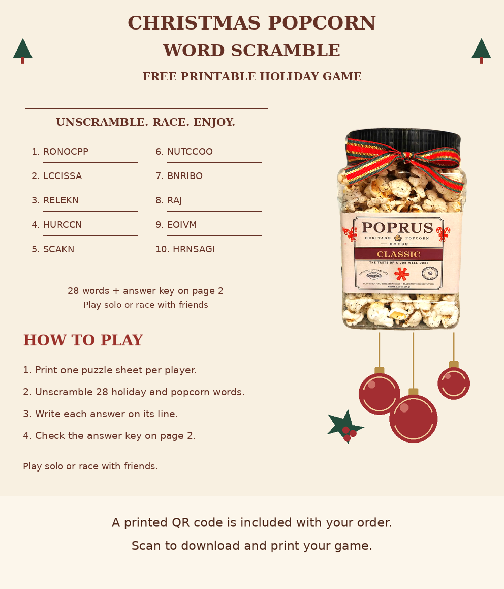 Christmas Classic Popcorn - 1.20 oz Jar + Printable Word Scramble Game