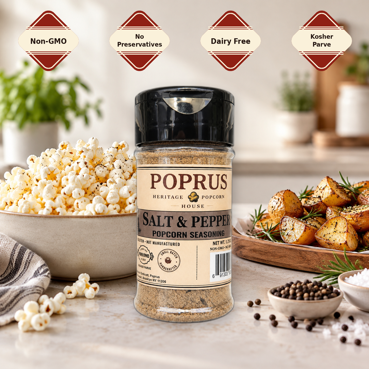 Black & White Pepper Popcorn Seasoning, Salt-Free Cracked Pepper Blend, Kosher, 1.75 oz Shaker