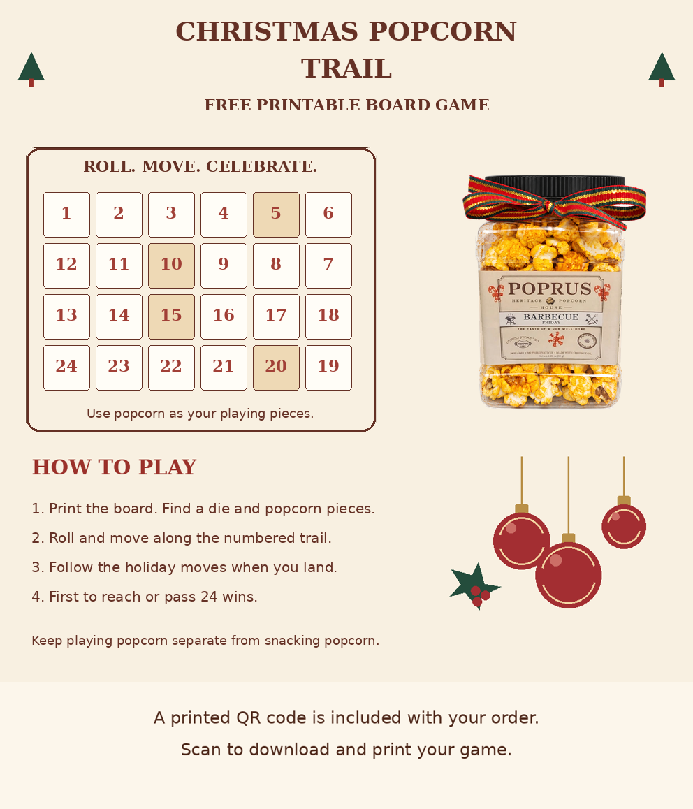 Christmas Barbecue Friday Popcorn - 1.20 oz Jar + Printable Popcorn Trail Board Game