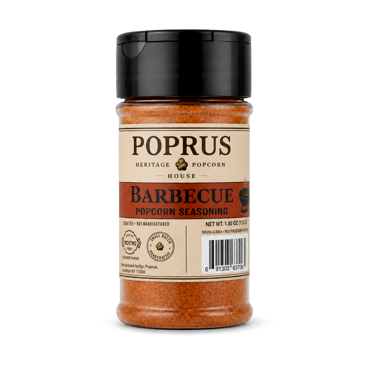 POPRUS Barbecue Friday popcorn seasoning shaker, 1.80 oz. Kosher parve, no additives.