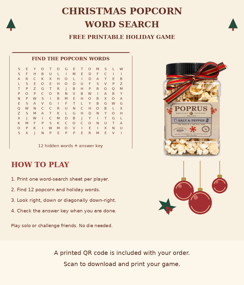 Christmas Salt & Pepper Popcorn - 1.20 oz Jar + Printable Word Search Game