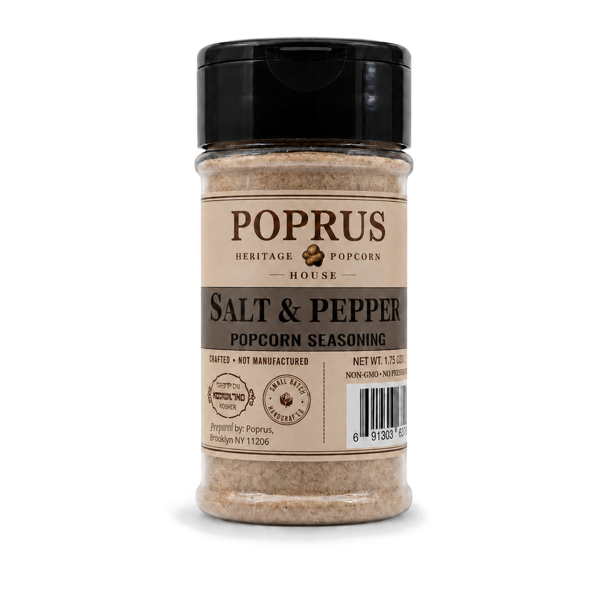 POPRUS Salt & Pepper popcorn seasoning shaker, 1.75 oz. Kosher parve, no additives.