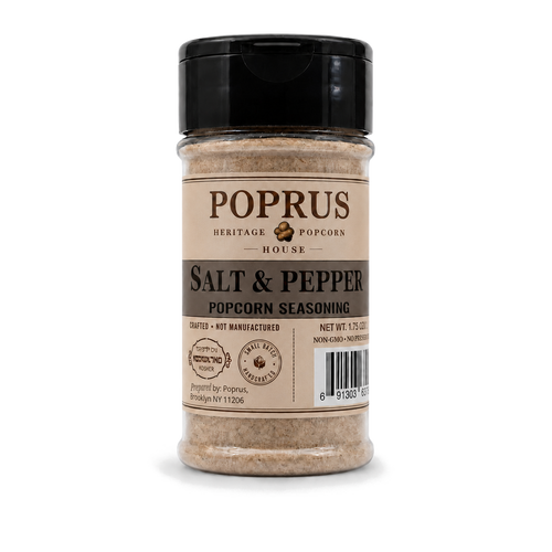 POPRUS Salt & Pepper popcorn seasoning shaker, 1.75 oz. Kosher parve, no additives.