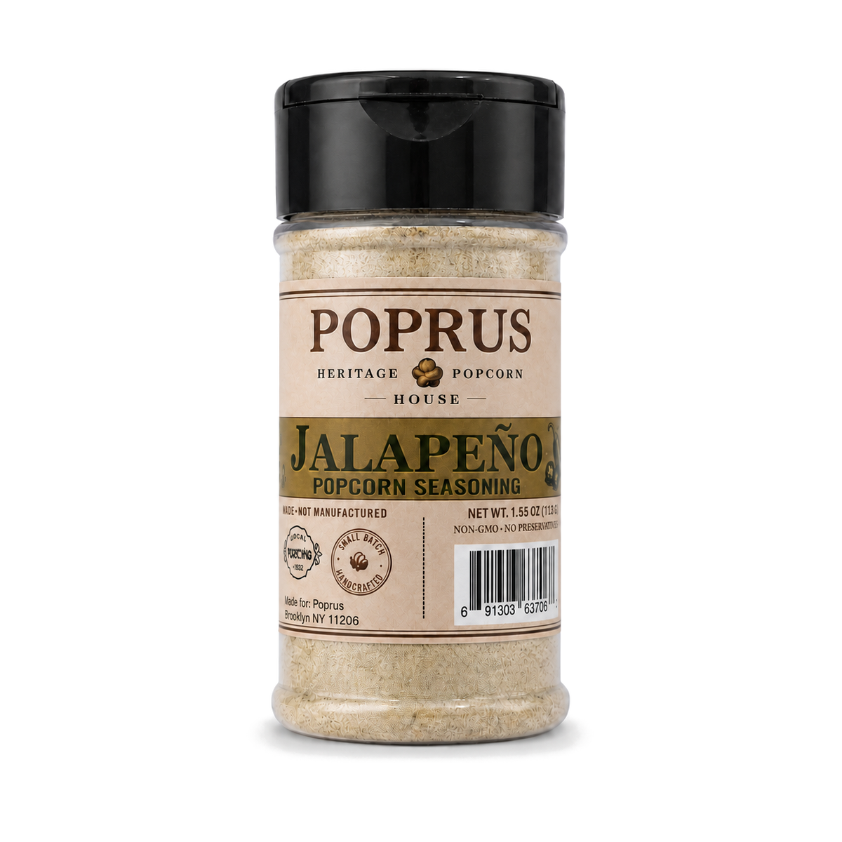 POPRUS Jalapeno popcorn seasoning shaker, 1.55 oz. Kosher parve, no additives.