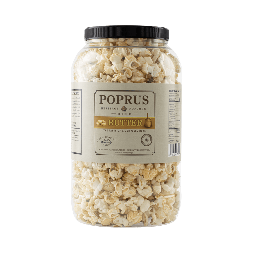 POPRUS Butter popcorn gathering jar, 6.70 oz. Buttery taste, zero dairy. Kosher parve, hand-popped in Brooklyn.
