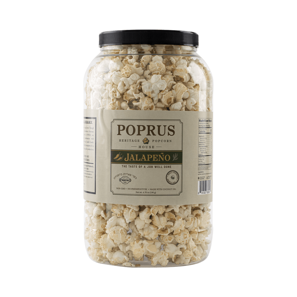 POPRUS Jalapeno popcorn gathering jar, 6.70 oz. Real jalapeno heat on big mushroom kernels. Kosher parve, dairy-free.