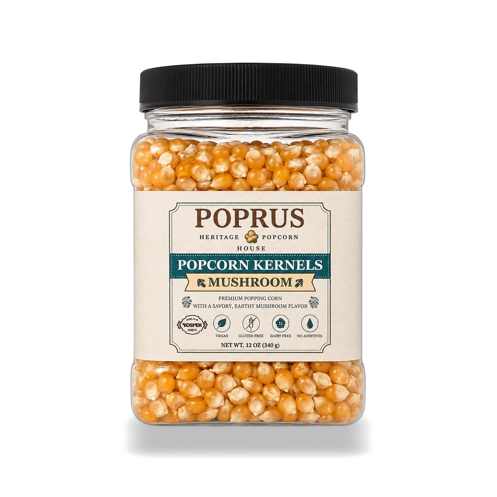 POPRUS mushroom popcorn kernels, 12 oz jar. Non-GMO kernels for big round pops. Kosher parve, vegan, no additives.
