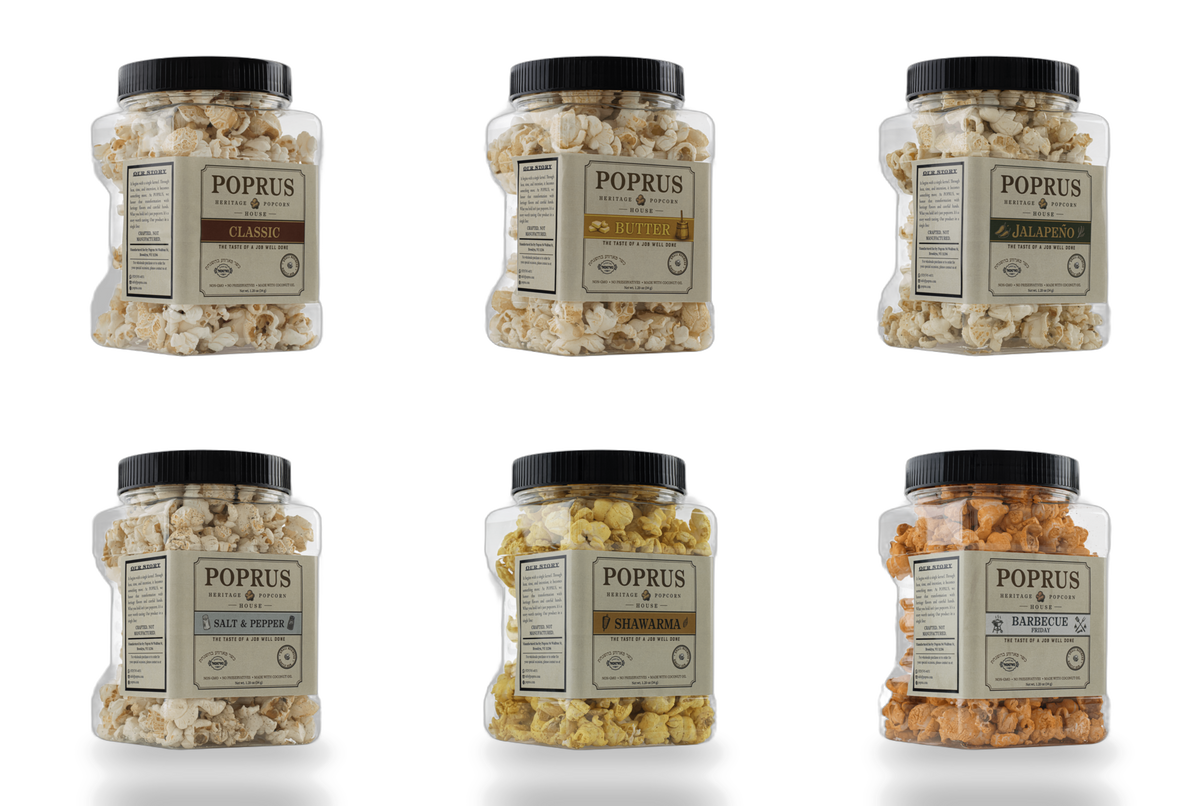 POPRUS 6-Flavor popcorn bundle. Six 1.20 oz bottles of hand-popped kosher popcorn in one gift-ready box.